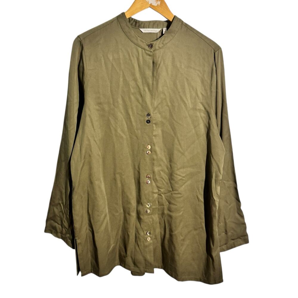Soft Surroundings Top Women XL Olive Green Mandarin Collar Button Down Lagenlook